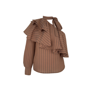 ONE-SHOULDER, NECK-TIE RUFFLED BLOUSE, CAMEL