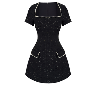 SQUARE NECK PEARL EMBELLISHED SHINY TWEETED DRESS BLACK