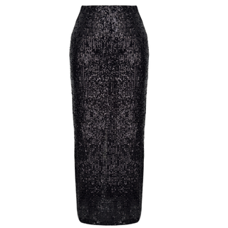SEQUINED LONG PENCIL SKIRT, BLACK.