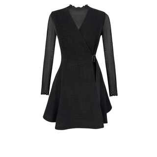 TRANSPARENT BLOUSE DETAIL WRAP STYLE TWEED DRESS, BLACK.