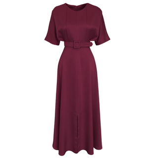 BATWING SLEEVE MAXI DRESS WITH BELT DETAIL, BURGUNDY