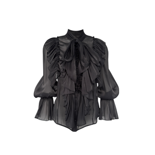 NECK-TIE DETAIL RUFFLED BLOUSE, BLACK.