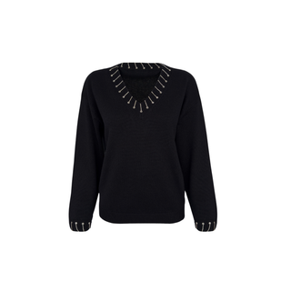 V-neck chain detail wool blend knit sweater, black.