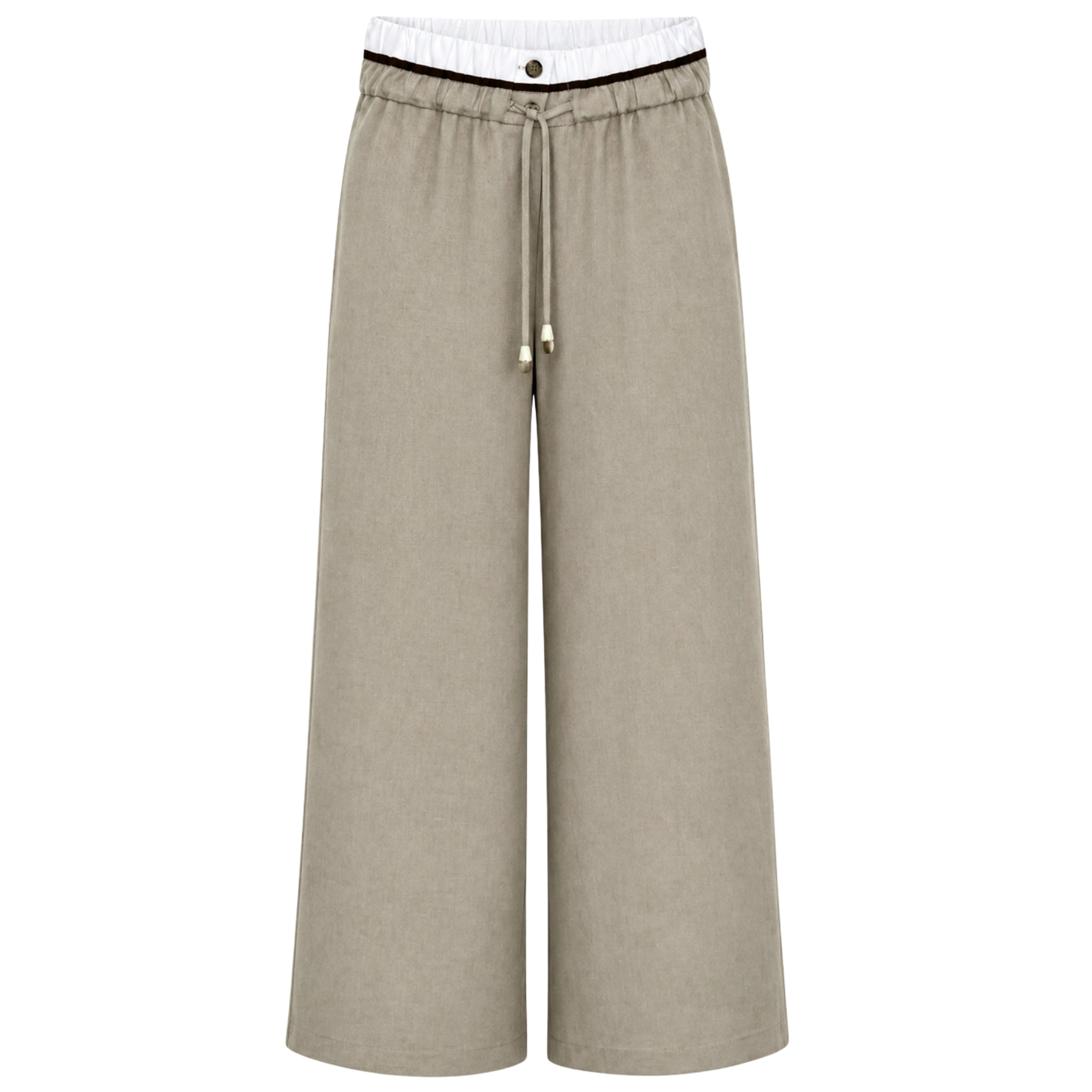 WAIST DETAIL WIDE LEG 100% LINEN TROUSERS KHAKI