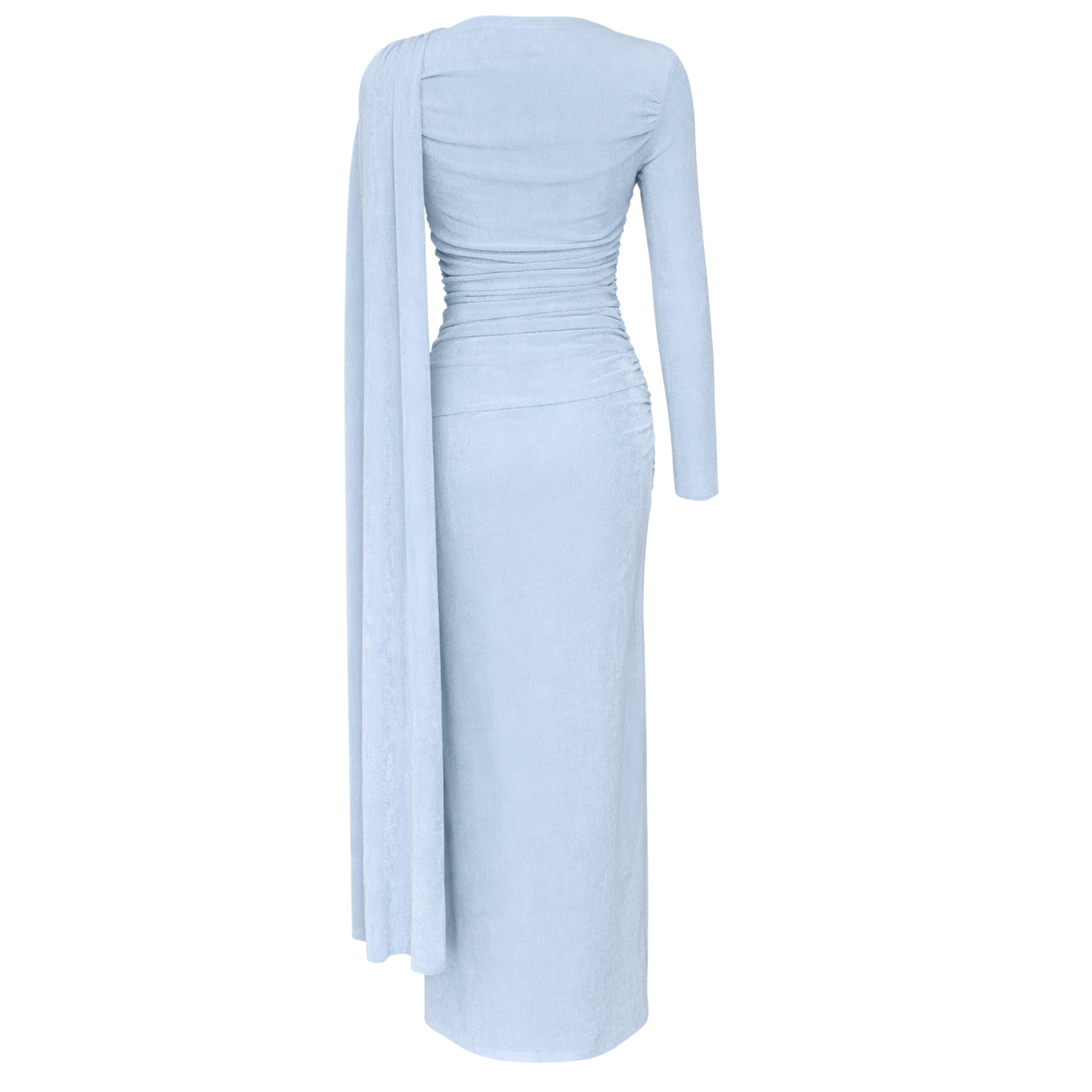 EMBELLISHED WAIST SHAWL SHOULDER DETAIL MAXI LENGTH DRESS BLUE