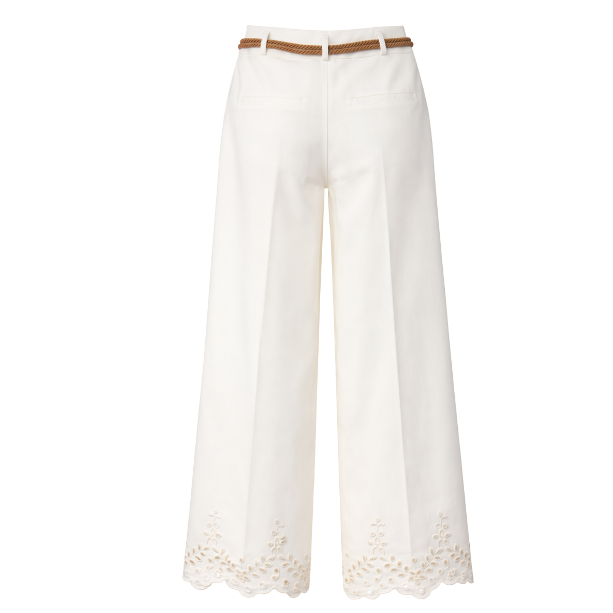 BELTED EMBROIDERY LEG DETAIL COTTON TROUSERS ECRU