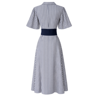 BELİ KUŞAK DETAY ÇİZGİLİ COTTON ELBİSE LACİVERT