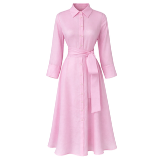 BELİ KUŞAKLI %100 KETEN GÖMLEK ELBİSE PEMBE