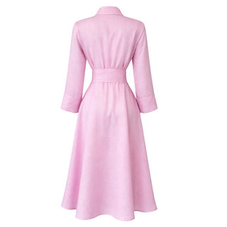 BELİ KUŞAKLI %100 KETEN GÖMLEK ELBİSE PEMBE