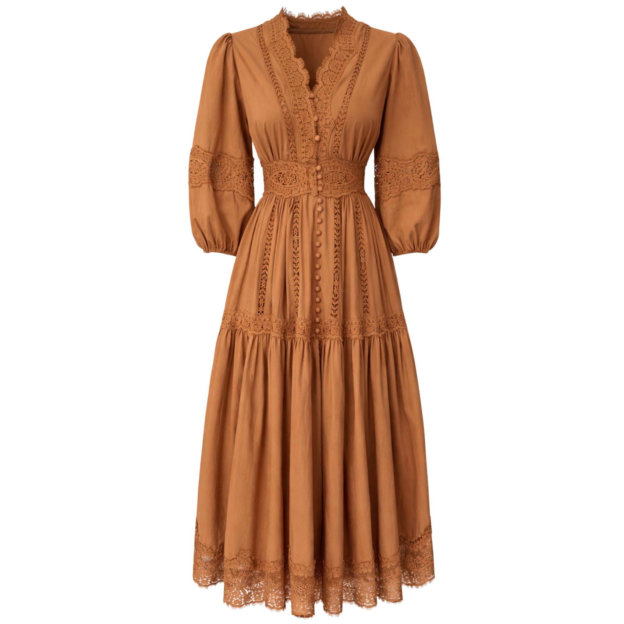FITTED AT THE WAIST GUIPURE DETAIL DRESS CARAMEL