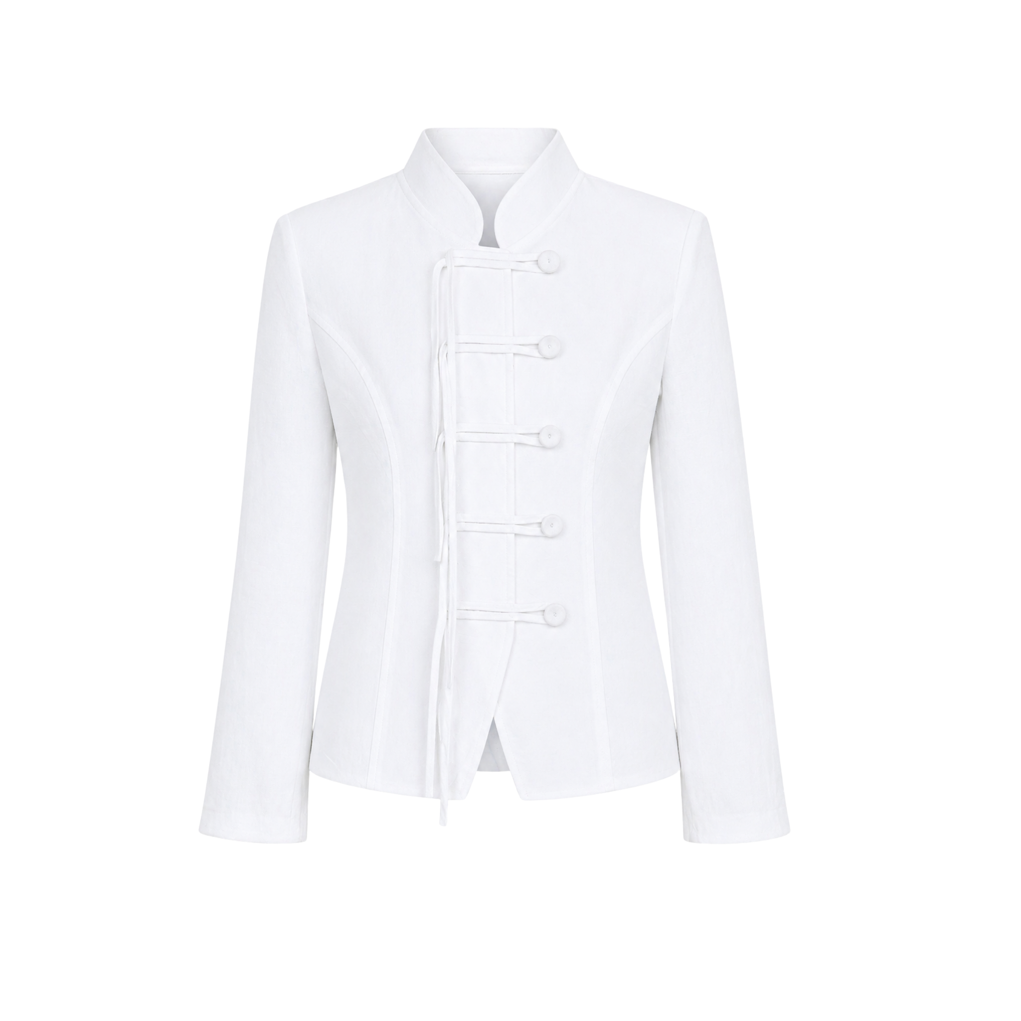 HIGH NECK BUTTON DETAIL 100% LINEN JACKET WHITE