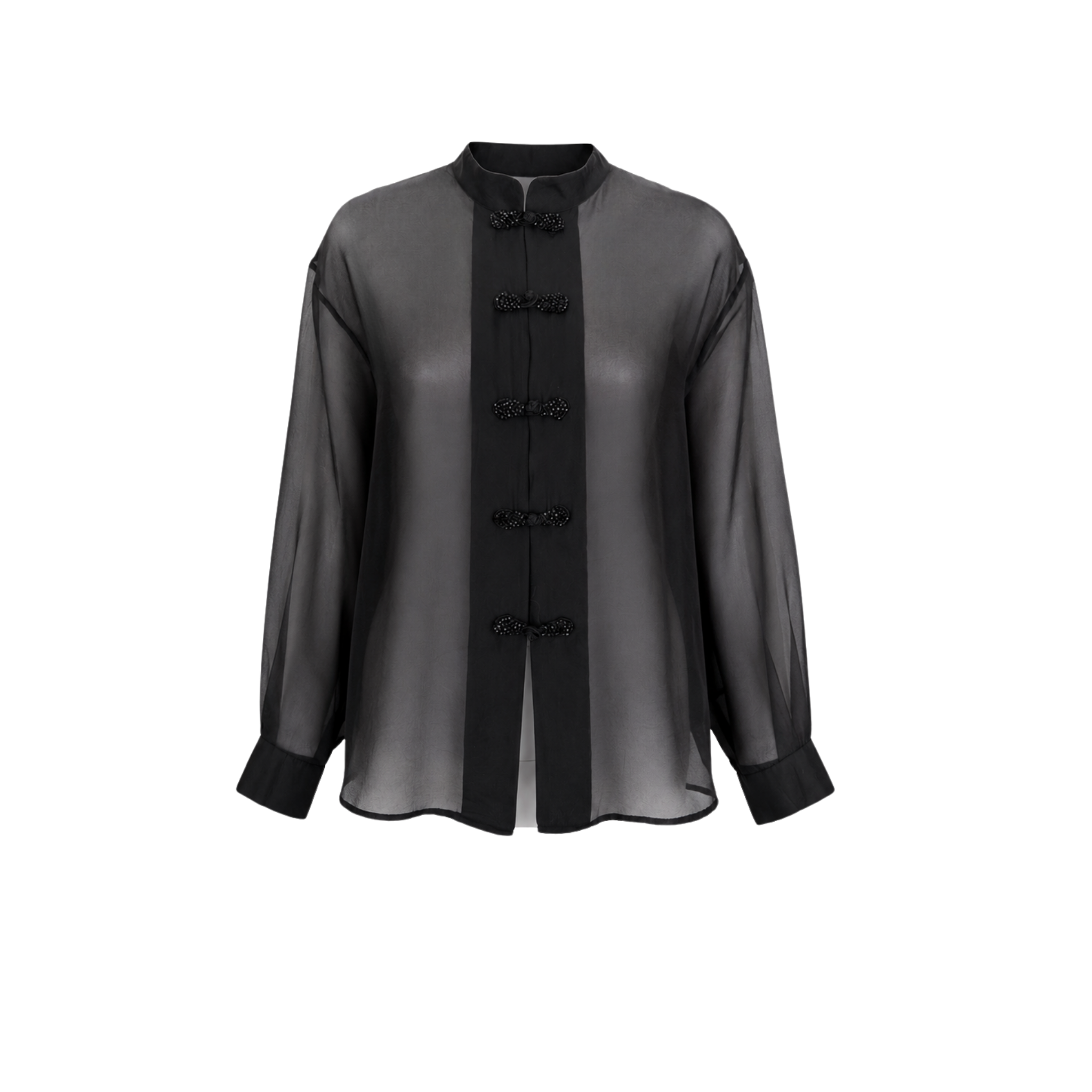 HIGH NECK BEAD EMBROIDERED SHEER BLOUSE BLACK