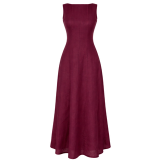 %100 KETEN RAHAT KESİM KOLSUZ ELBİSE BORDO