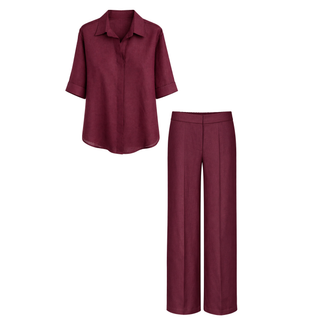 %100 KETEN BLUZ VE PANTOLON TAKIM BORDO