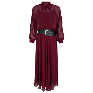 MAXI-LENGTH CHIFFON DRESS WITH BELT DETAIL, BURGUNDY