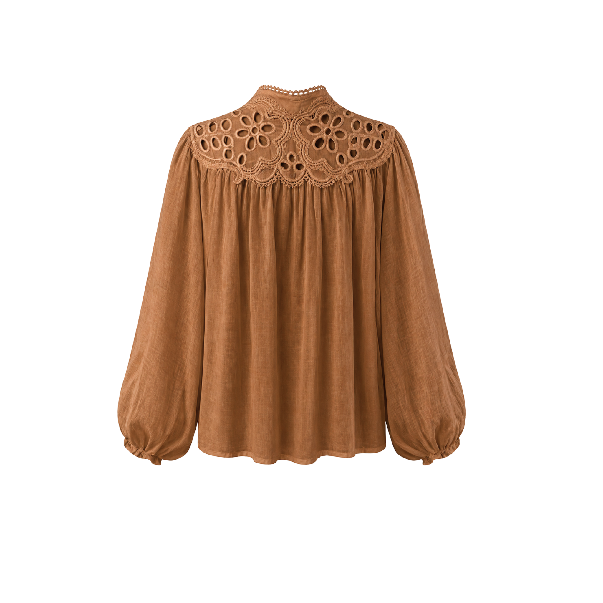BRODERIE DETAIL PUFF SLEEVE BLOUSE CARAMEL