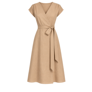 %100 KETEN KRUVAZE YAKA ELBİSE CAMEL
