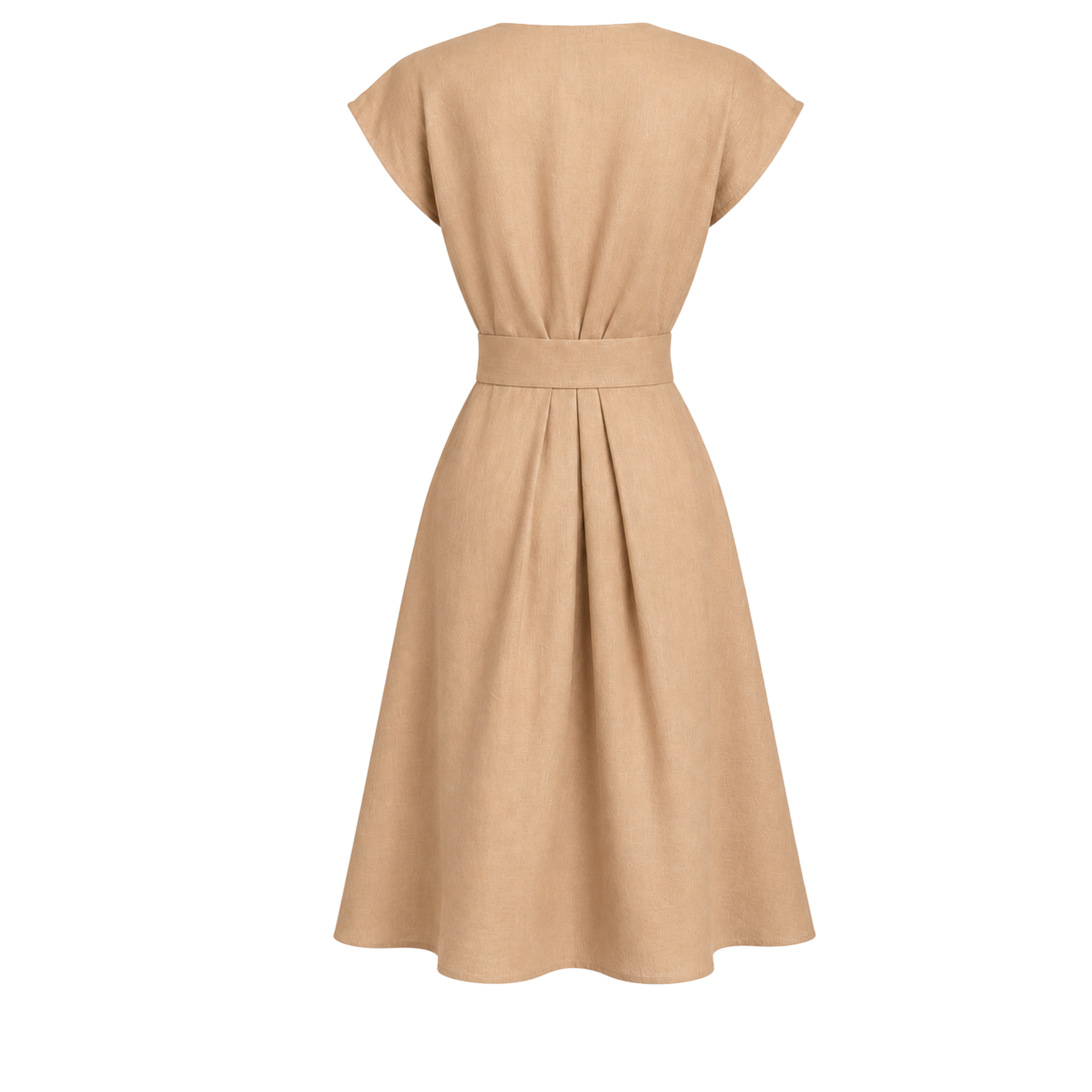 %100 KETEN KRUVAZE YAKA ELBİSE CAMEL