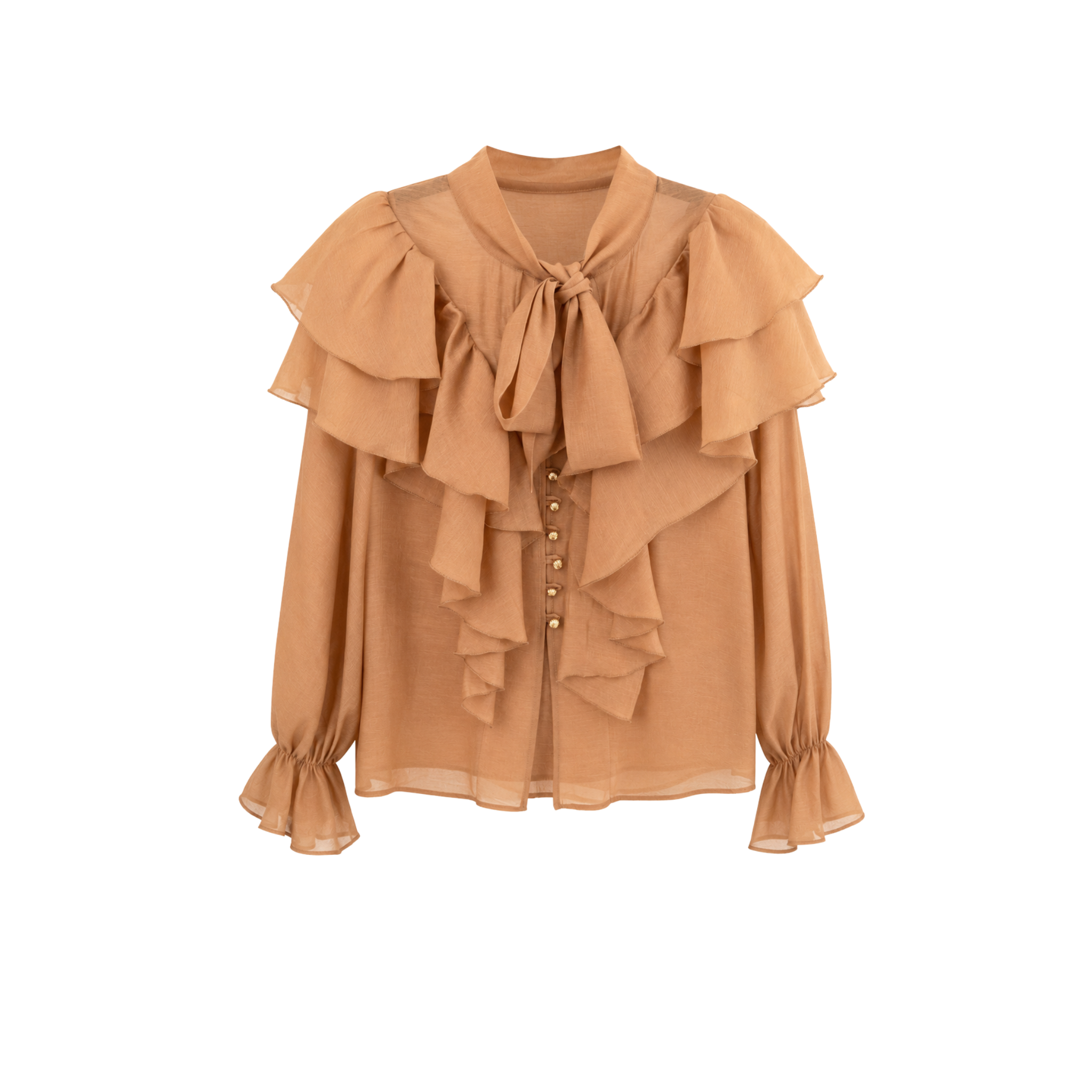 TIE-FASTENING RUFFLED COLLAR BLOUSE CAMEL