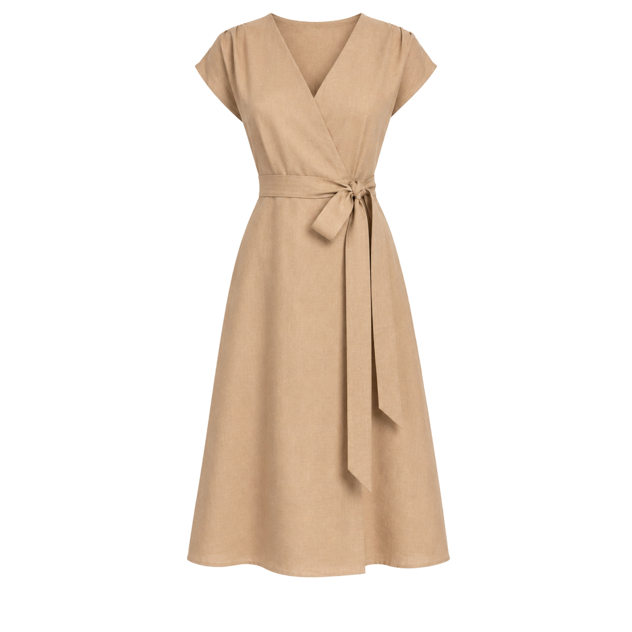 100% LINEN WRAP NECK DRESS CAMEL
