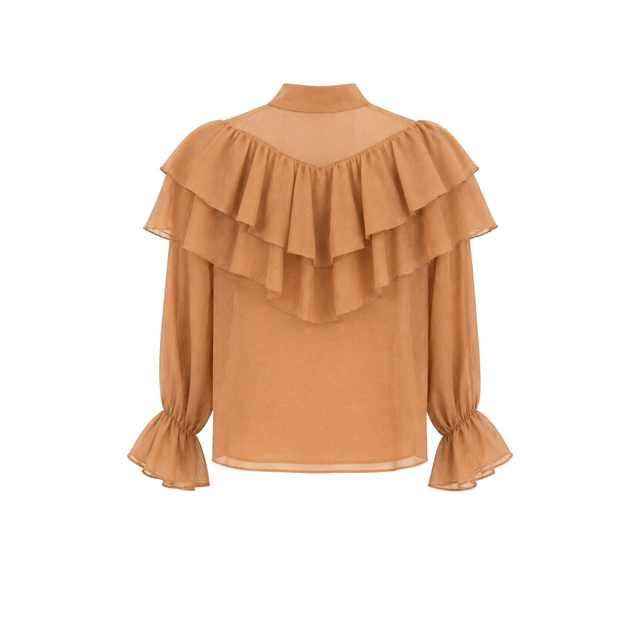 TIE-FASTENING RUFFLED COLLAR BLOUSE CAMEL