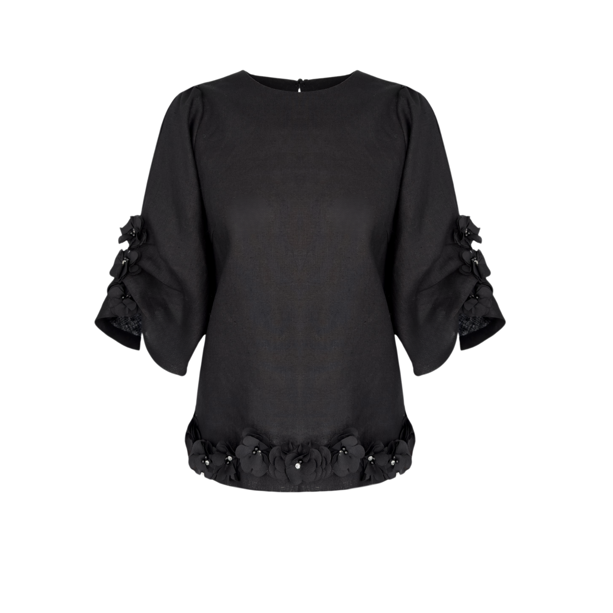 FLORAL APPLIQUÉ 100% LINEN SET BLACK