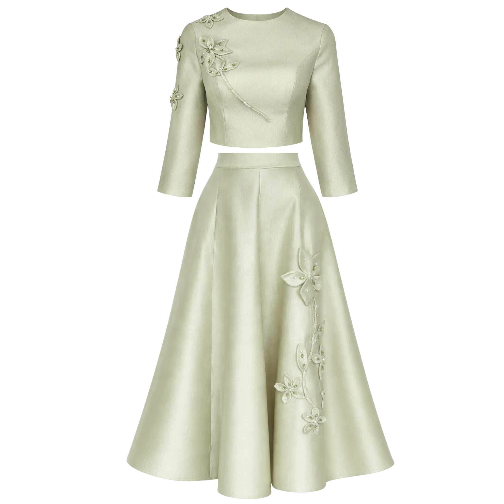FLORAL APPLIQUÉ A-LINE SKIRT AND BLOUSE SET MINT