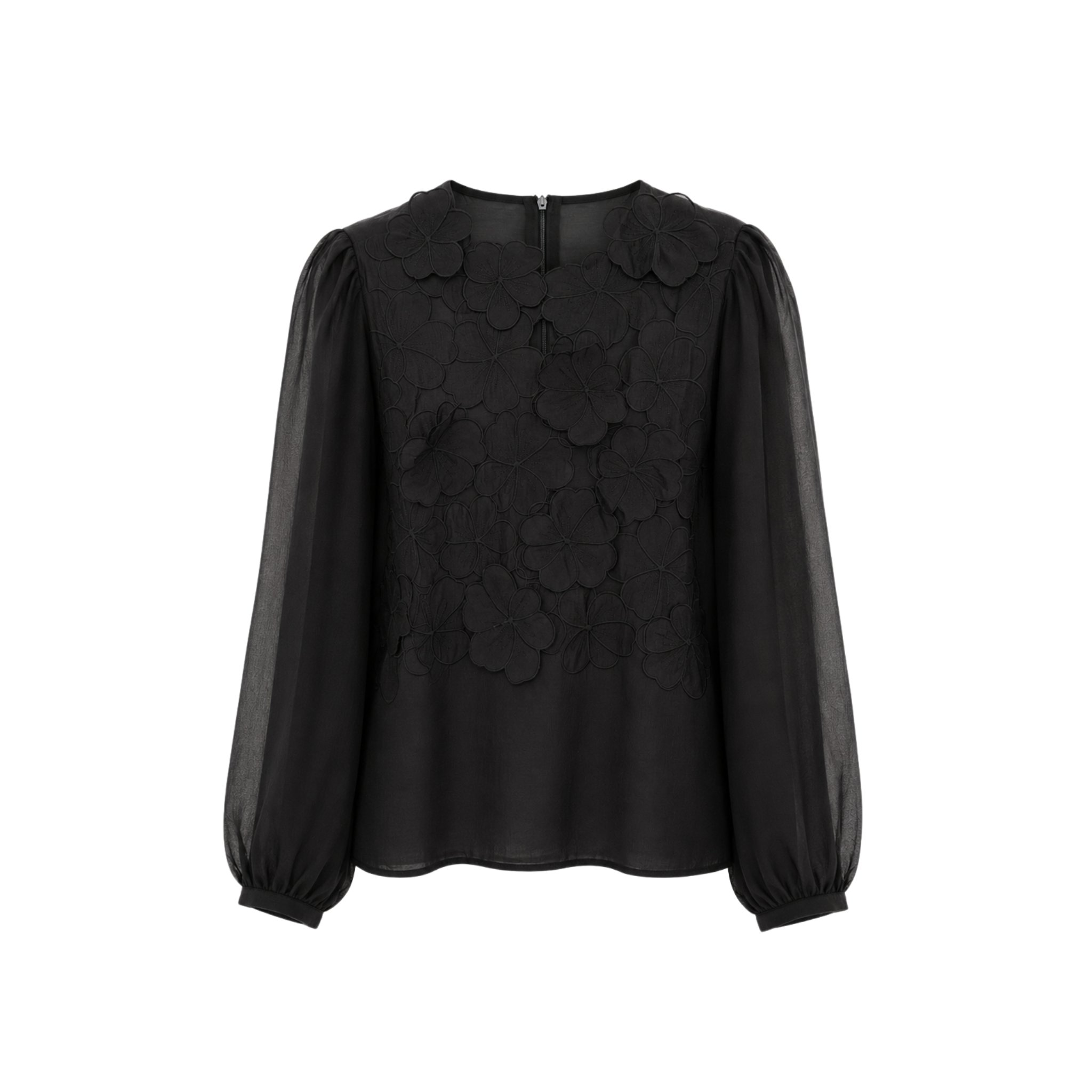 FLORAL APPLIQUÉ SEMI-SHEER BLOUSE BLACK