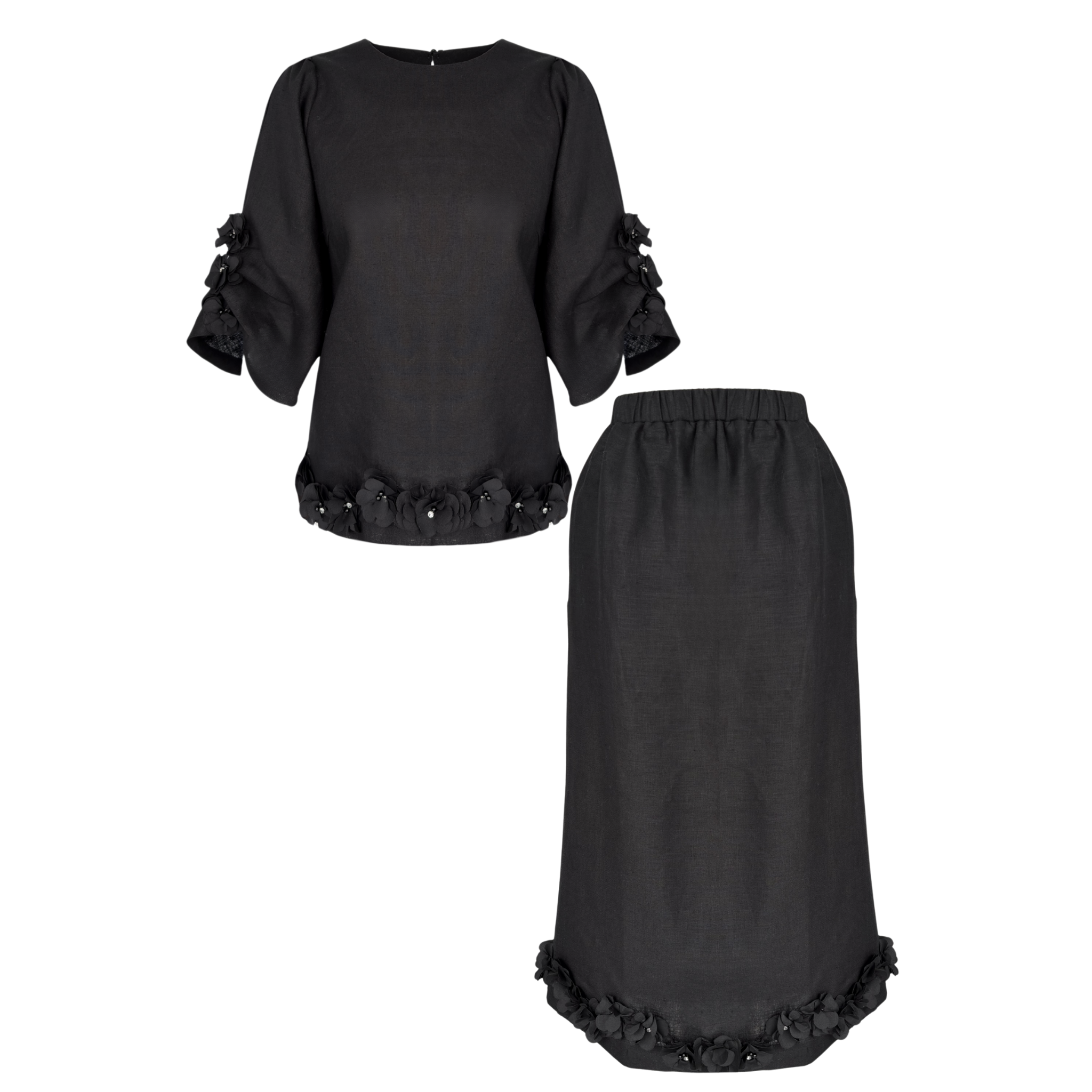 FLORAL APPLIQUÉ 100% LINEN SET BLACK