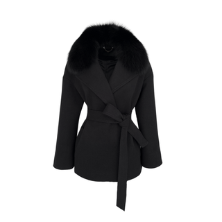 DETACHABLE FUR-LINED DOUBLE-BREASTED COAT, BLACK.