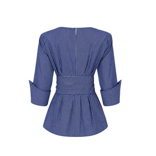 ÇİZGİ DETAY BELİ KUŞAKLI COTTON BLUZ