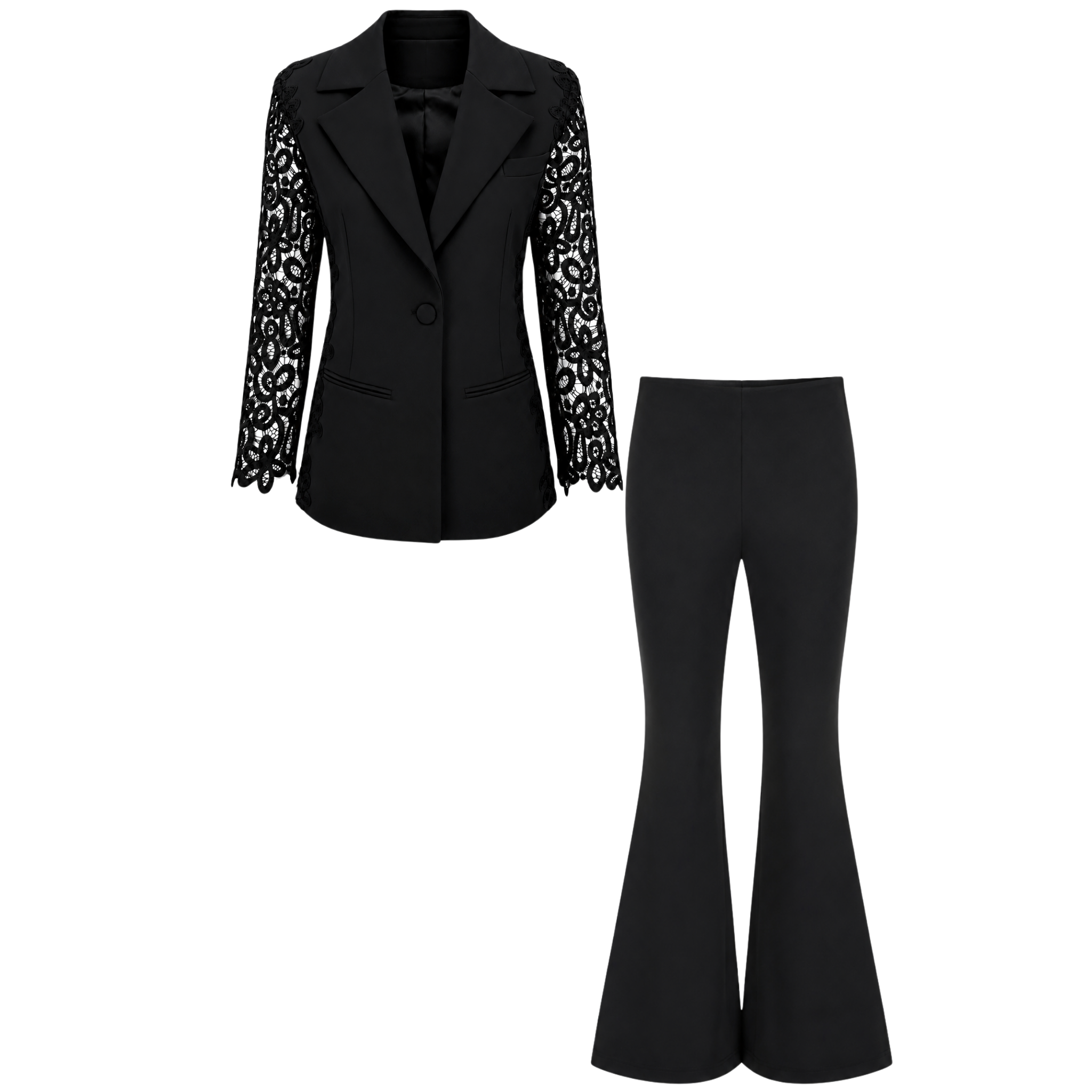 LACE DETAIL JACKET AND TROUSERS SET BLACK