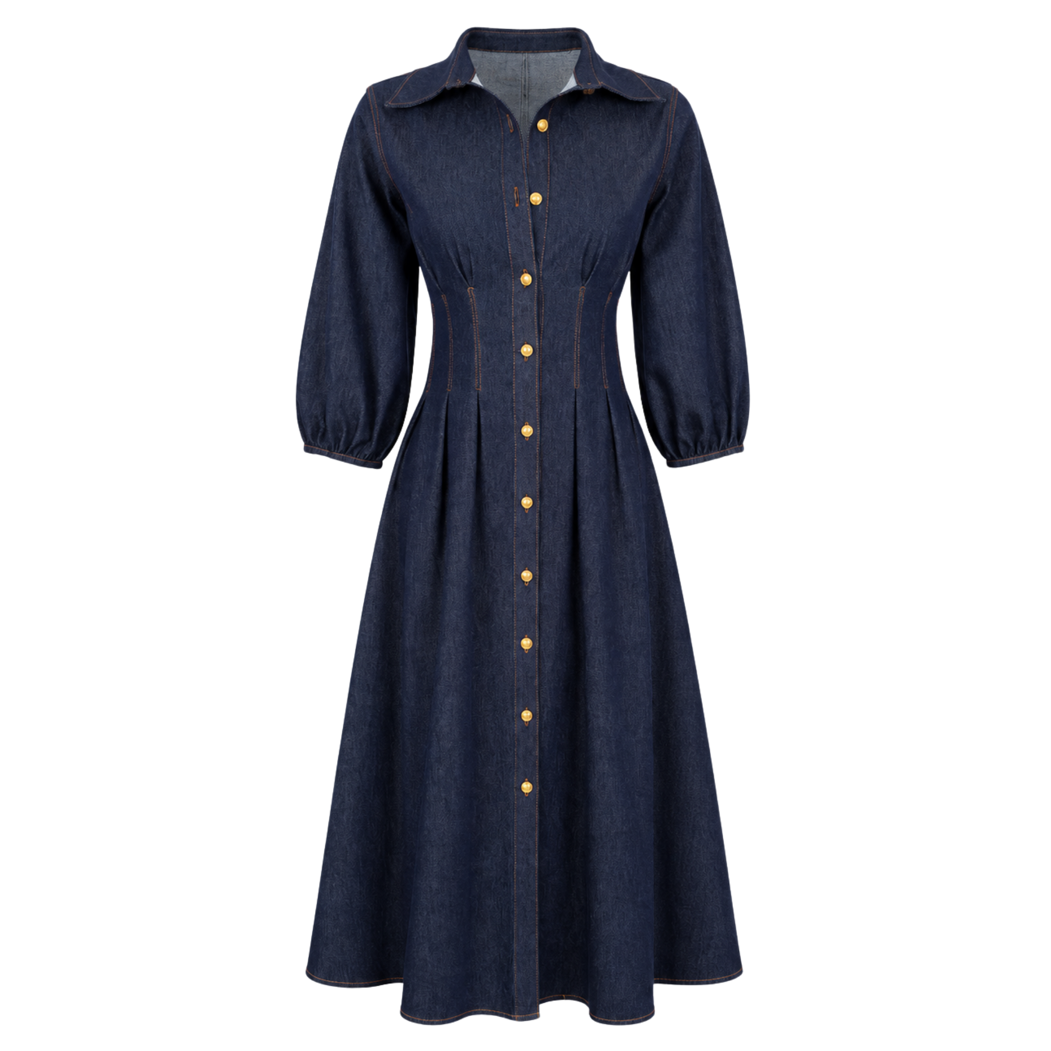 GOLD BUTTONS THREE-QUARTER SLEEVE DENIM DRESS INDIGO