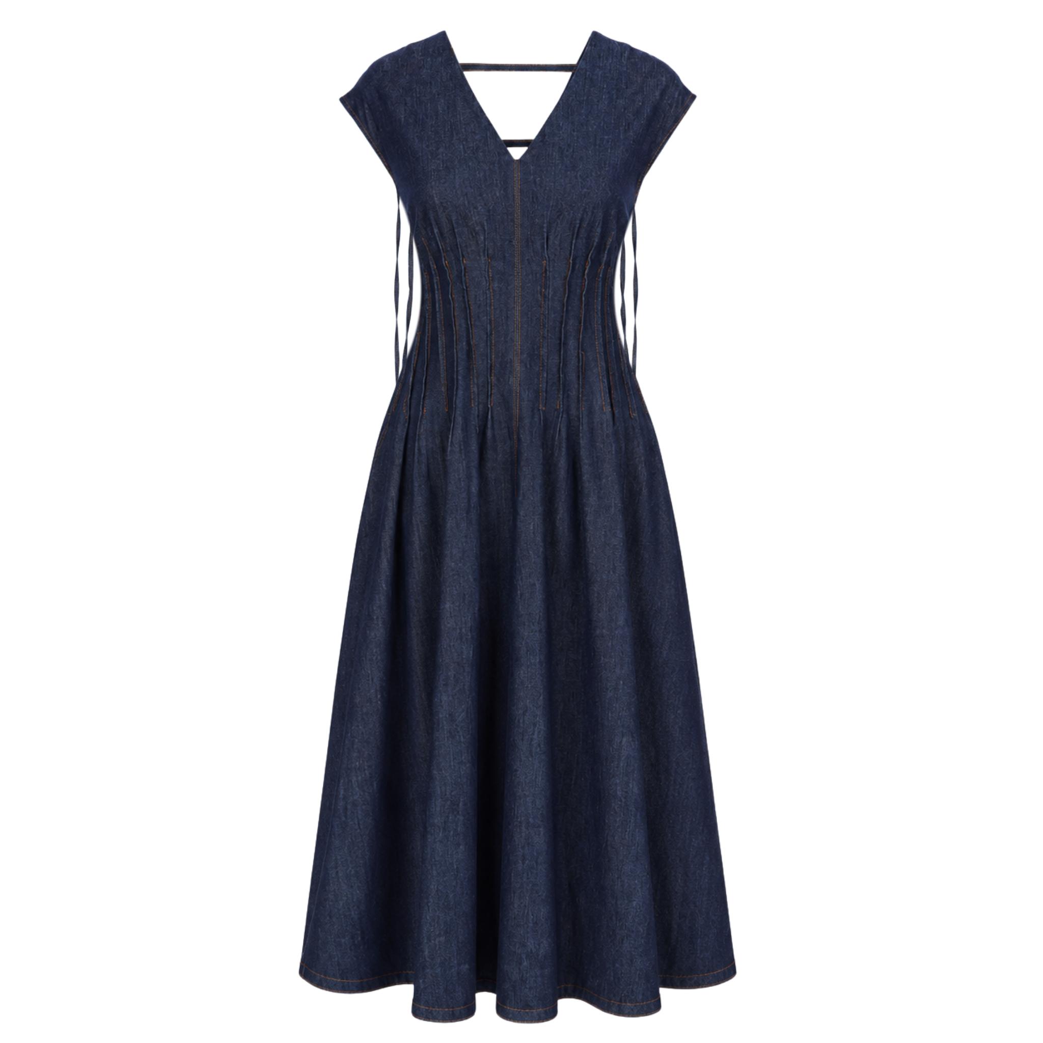 TASSEL BACK DETAIL WAIST-DEFINING DENIM DRESS INDIGO