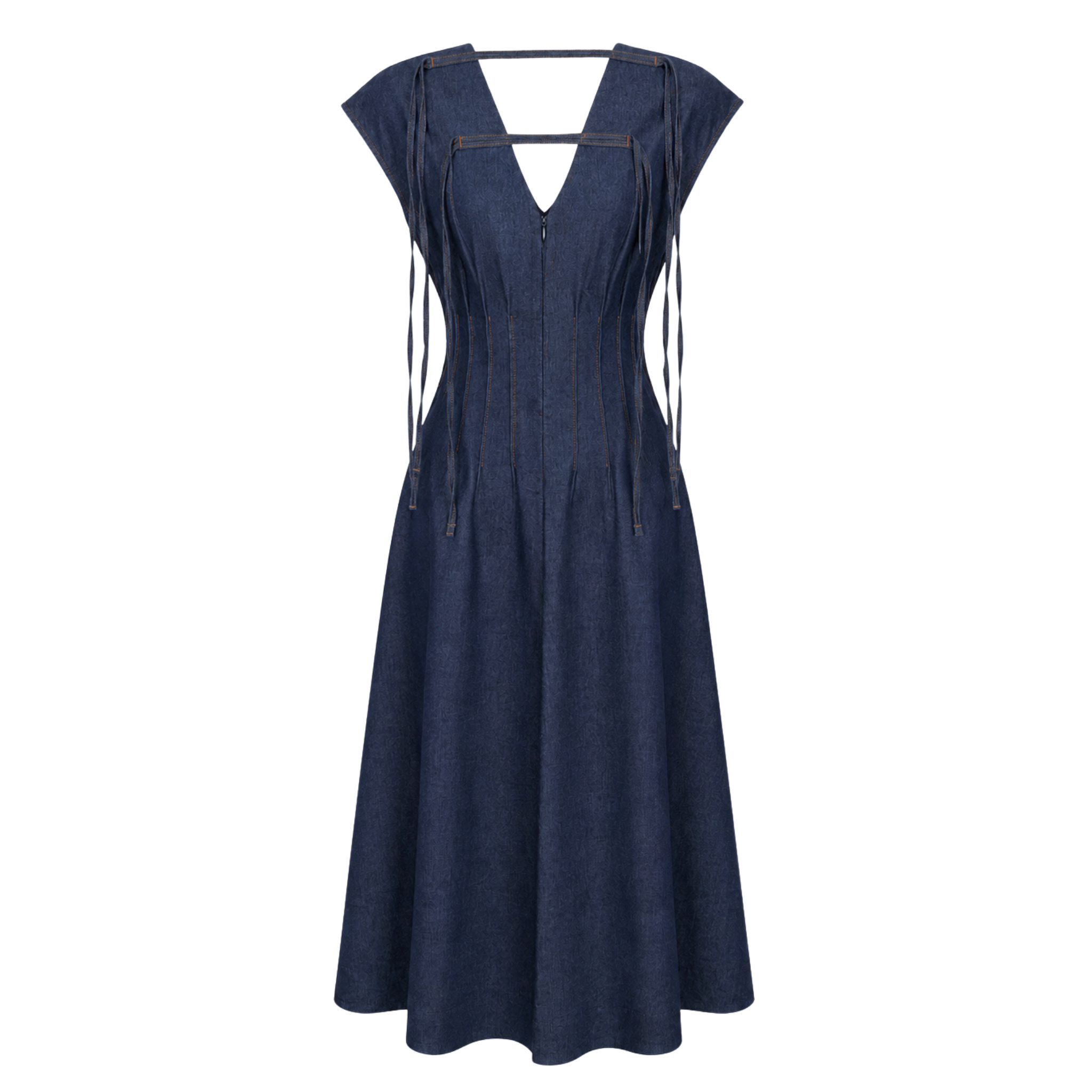 TASSEL BACK DETAIL WAIST-DEFINING DENIM DRESS INDIGO