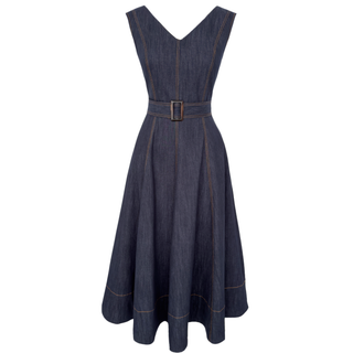 V-neck denim dress with belt detail.