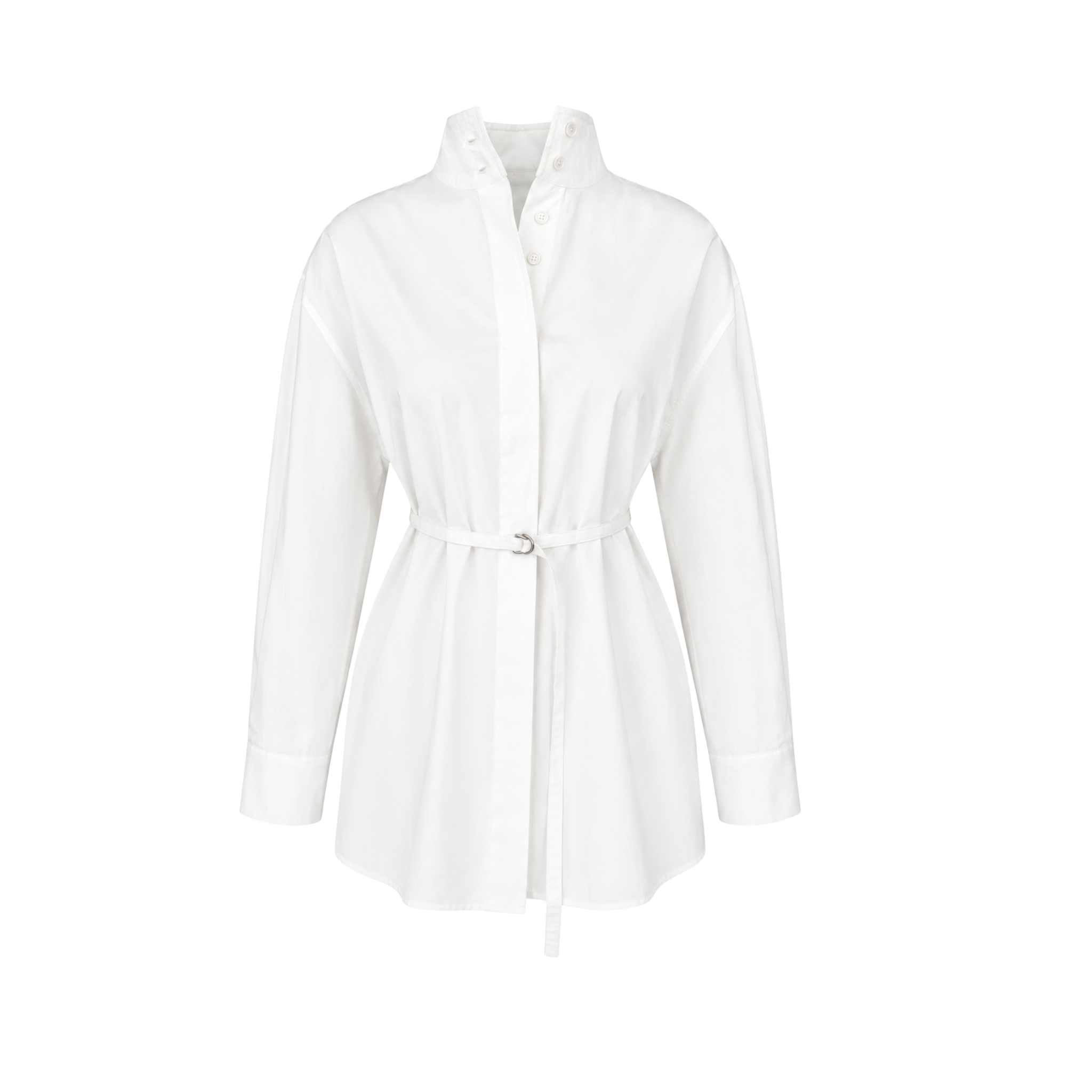 HIGH NECK TIE-FASTENING COTTON WAIST SHIRT WHITE
