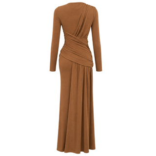 DRAPE DETAY MAKSİ BOY DÖKÜMLÜ ELBİSE CAMEL