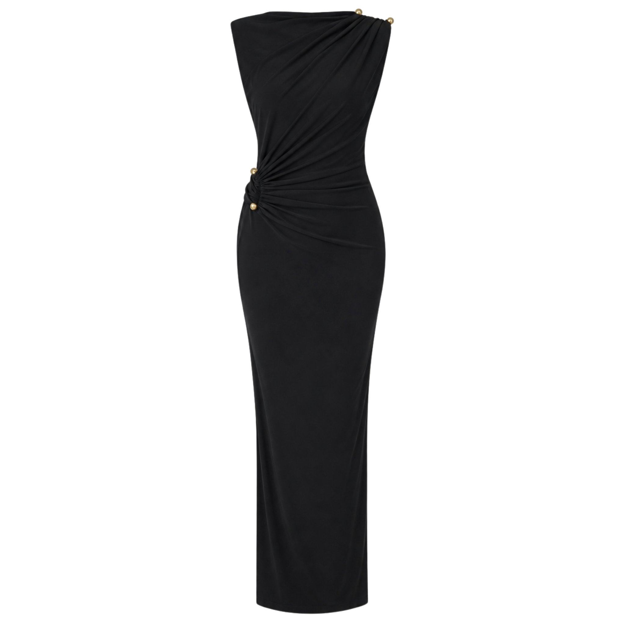 WAIST AND ACCESSORY SHOULDER DETAIL DRAPED MAXI LENGTH DRESS BLACK