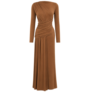 DRAPE DETAY MAKSİ BOY DÖKÜMLÜ ELBİSE CAMEL