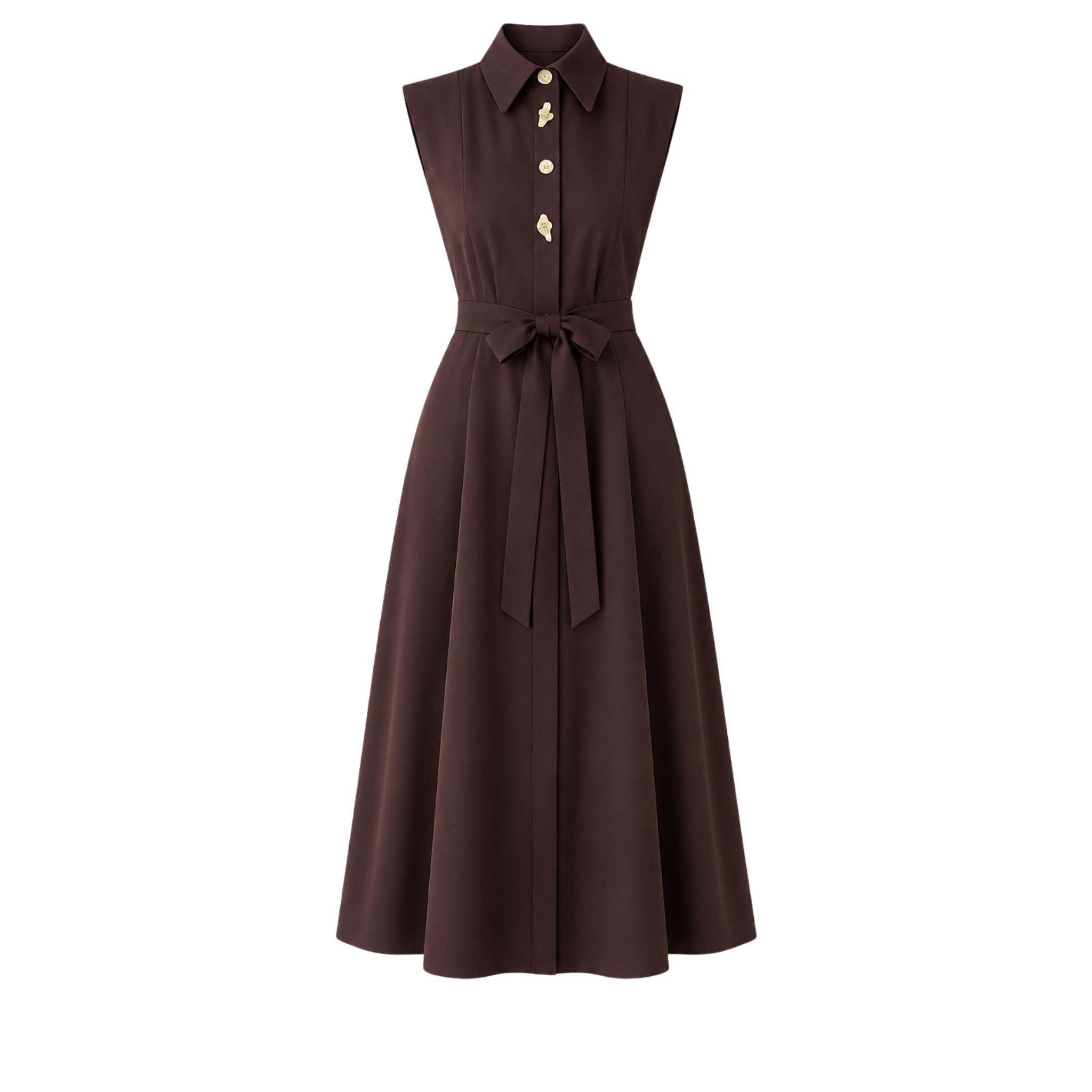 BUTTON DETAIL BELTED WAIST SLEEVELESS DRESS BROWN
