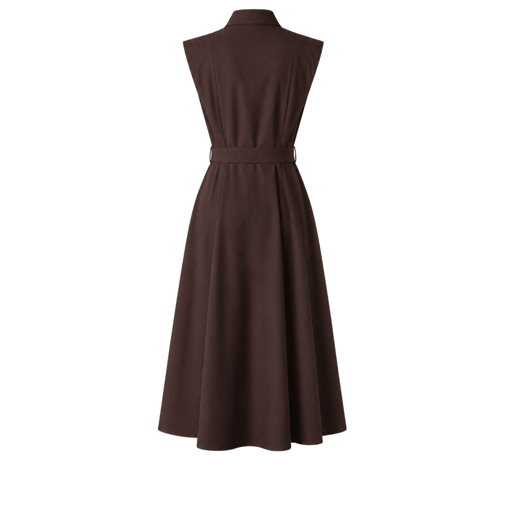 BUTTON DETAIL BELTED WAIST SLEEVELESS DRESS BROWN