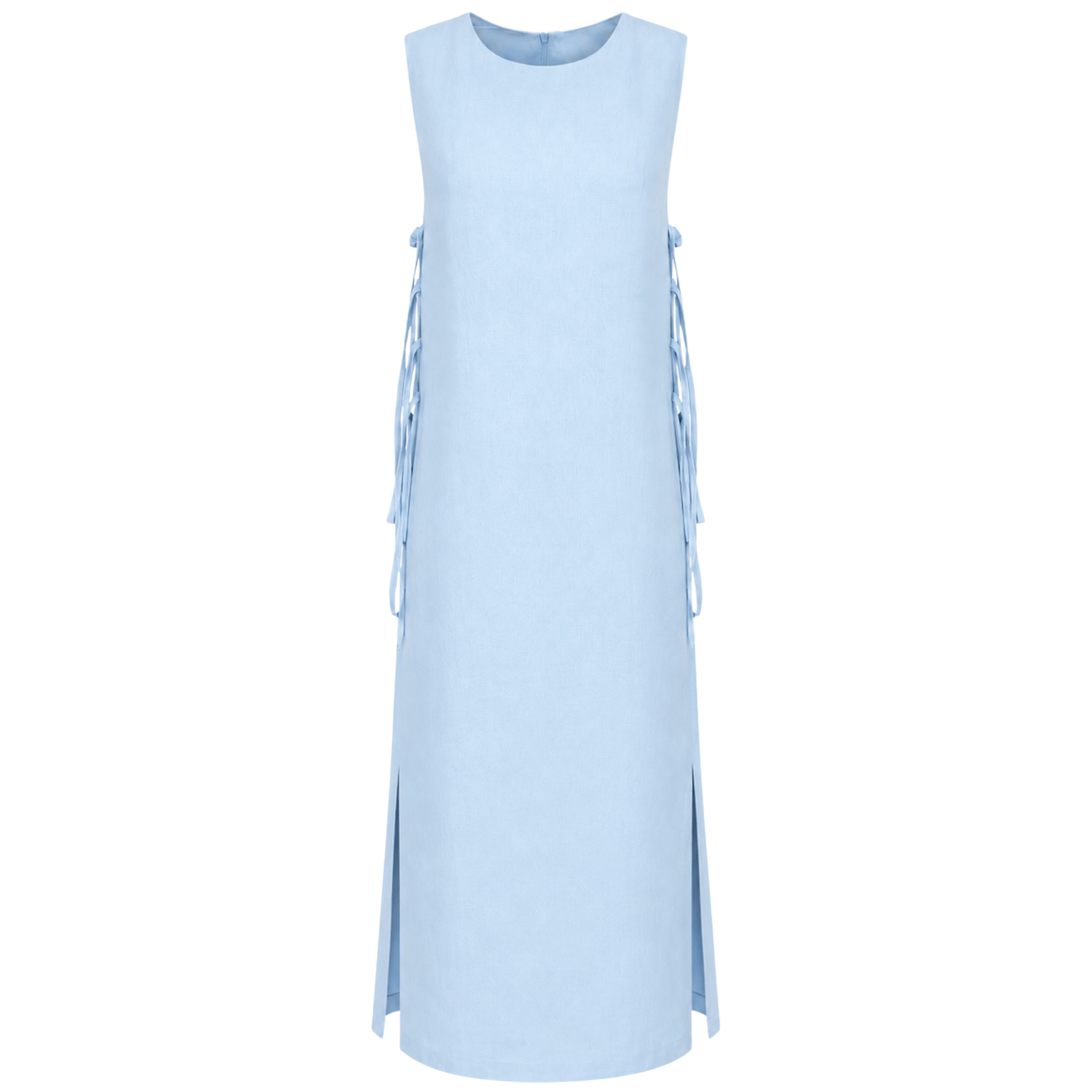DOUBLE SLIT SIDES KNOT DETAIL LINEN DRESS BLUE