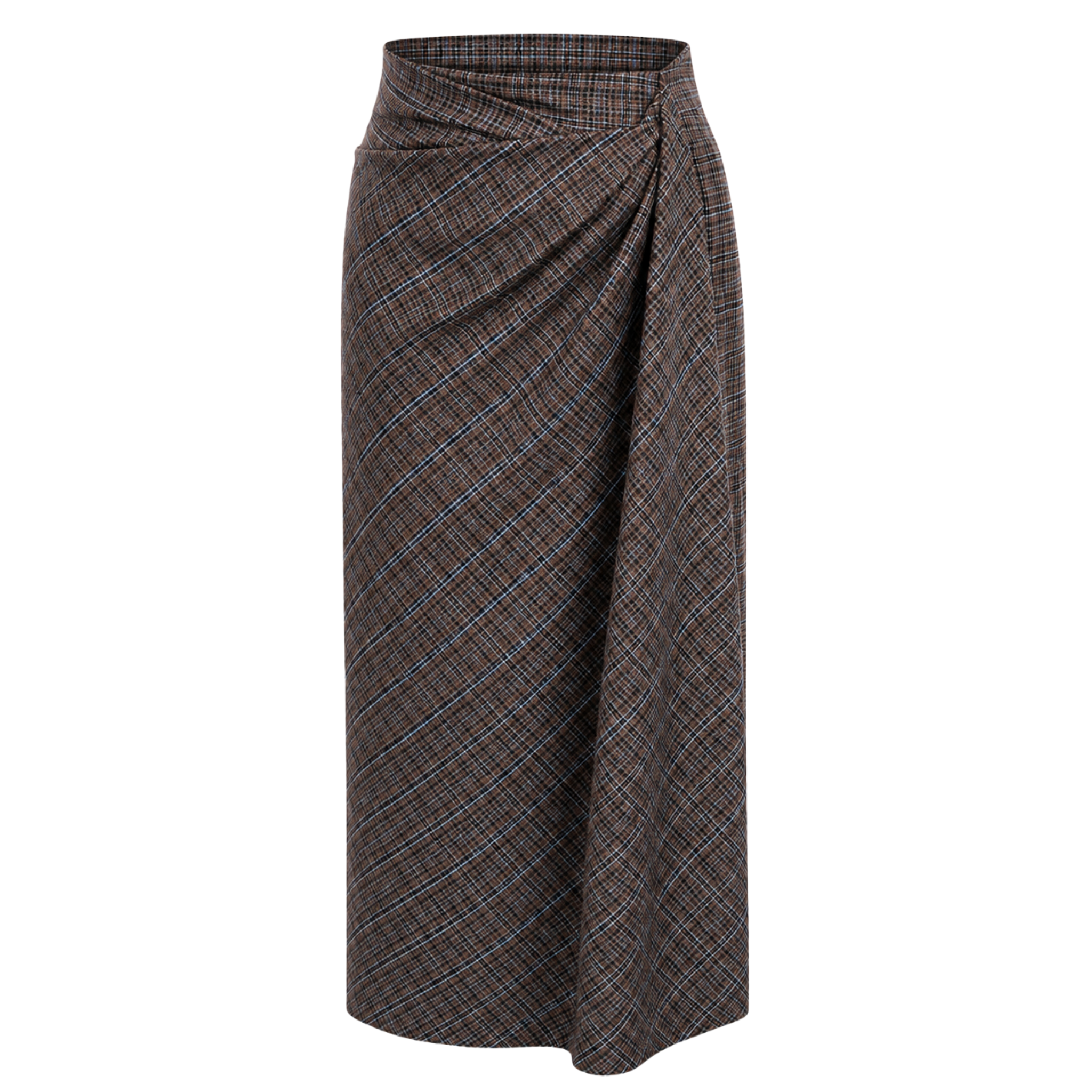 SIDE SLIT CHECK PATTERN DRAPED SKIRT BLUE