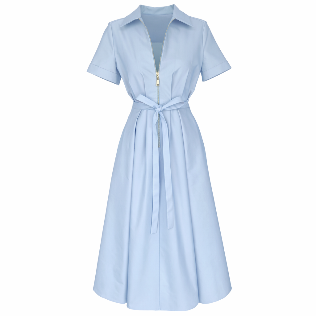 ZIP DETAIL SHORT SLEEVE PLEATED DRESS BLUE