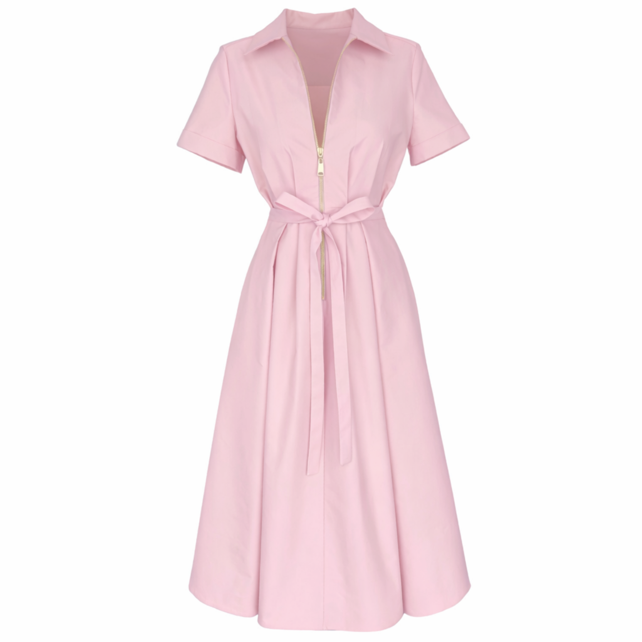 FERMUAR DETAY KISA KOL PİLELİ ELBİSE PEMBE