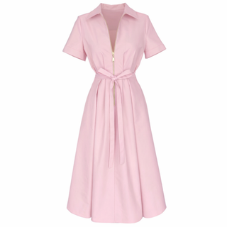 FERMUAR DETAY KISA KOL PİLELİ ELBİSE PEMBE