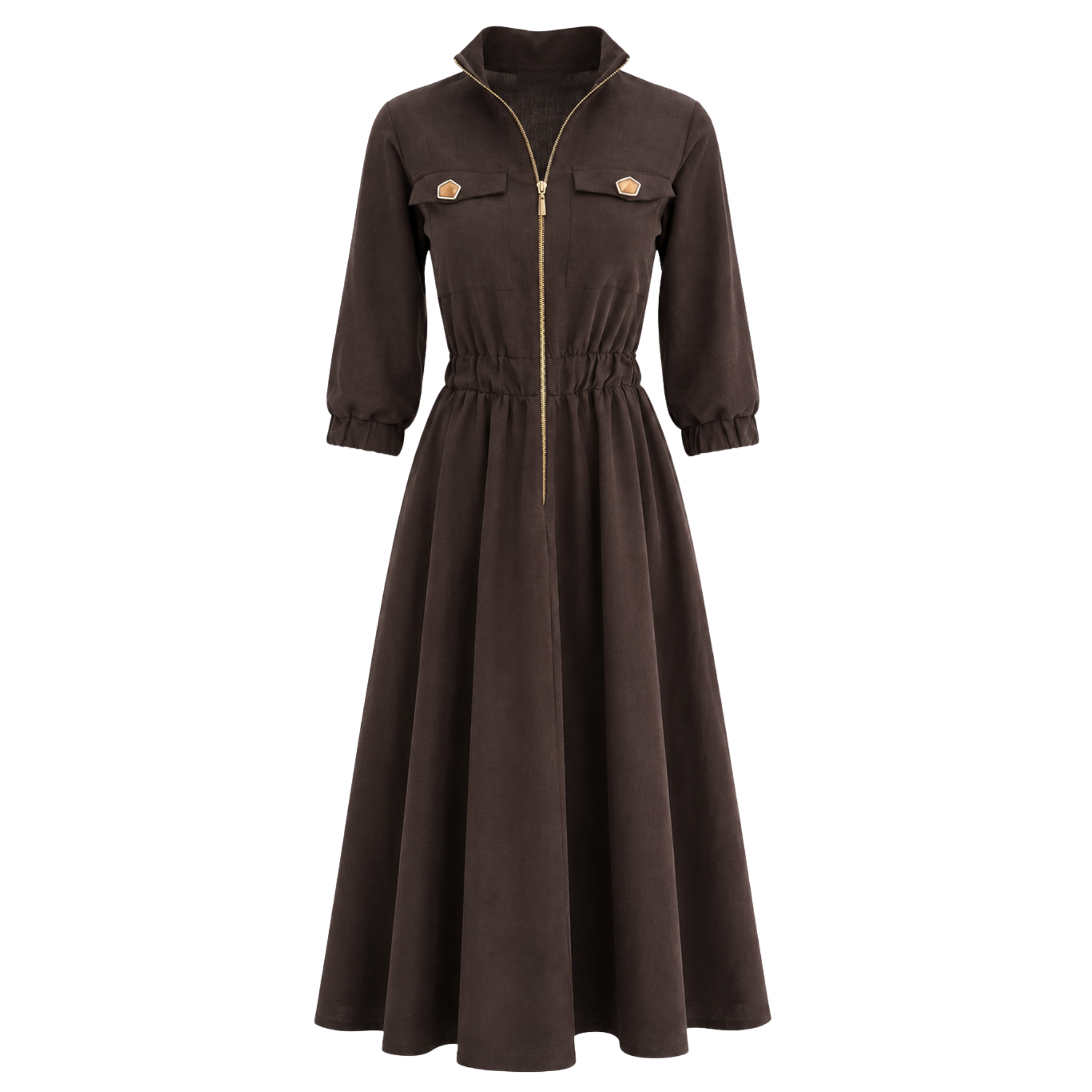 ELASTICATED WAIST ZIP COLLAR DETAIL TENCEL DRESS BROWN