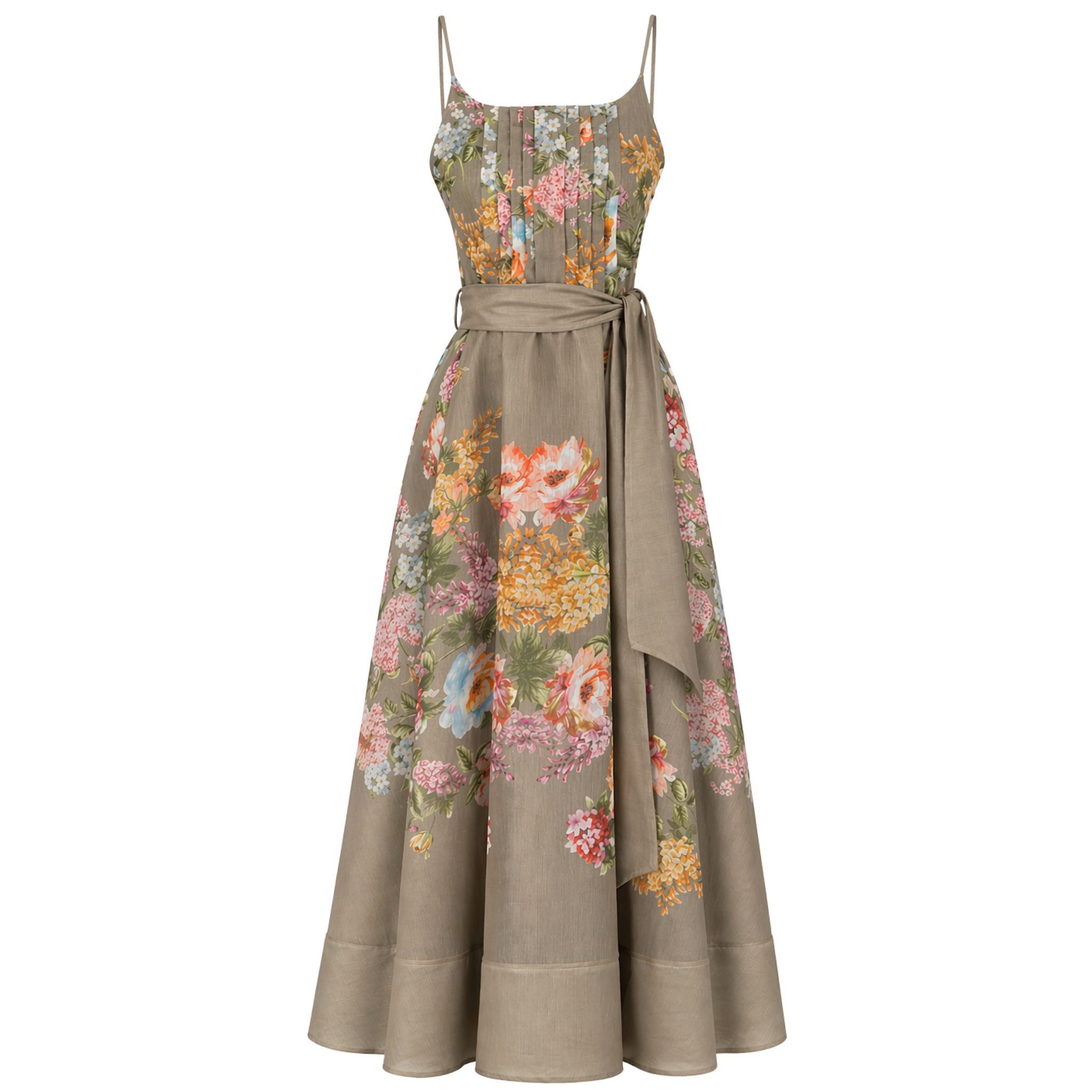 FLORAL PRINT PLEAT DETAIL MAXI LENGTH DRESS KHAKI
