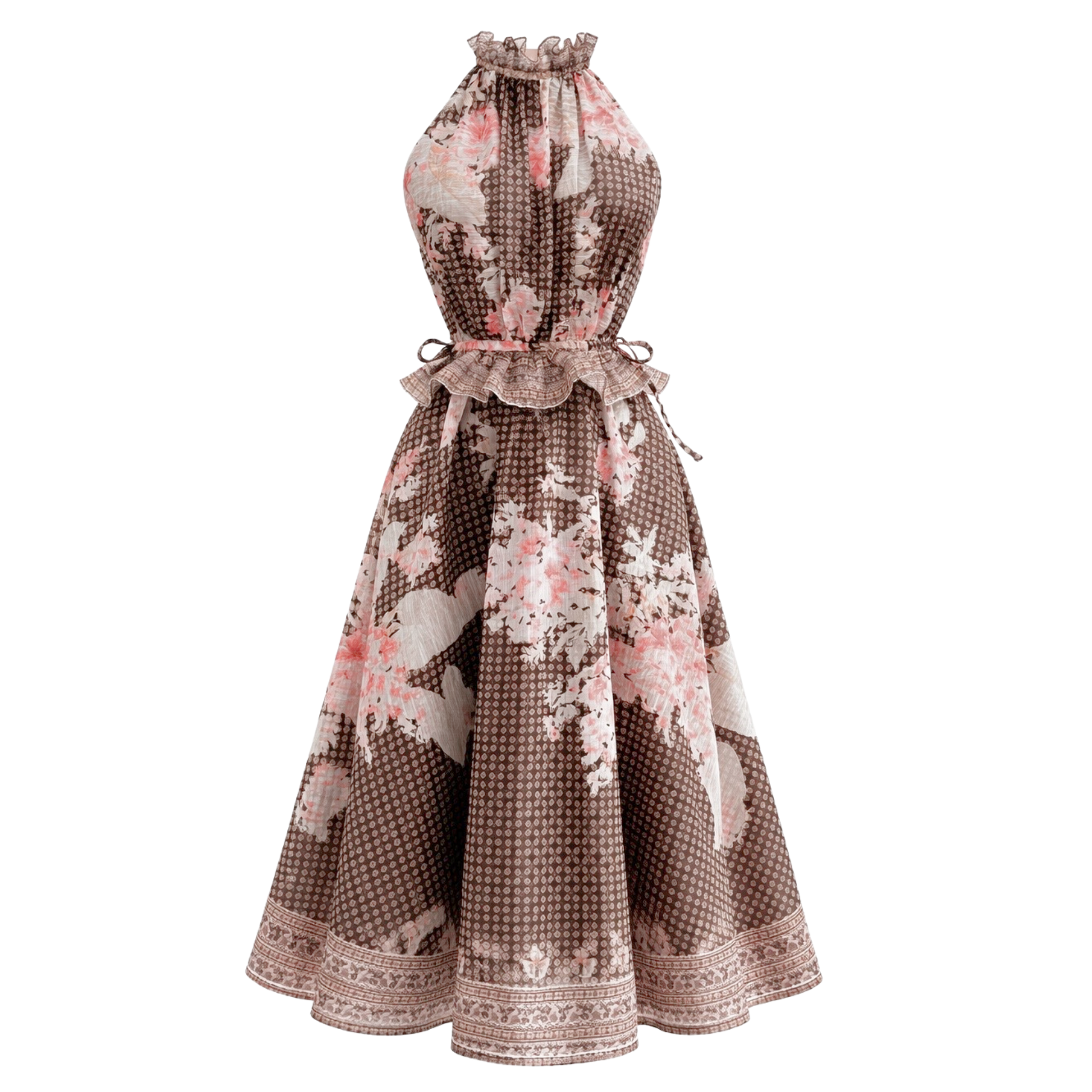 FLORAL DESEN BELİ BÜZGÜ DETAY ELBİSE KAHVE